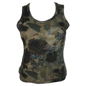 AUTH VTG Christian Dior Flower Camo Rhinestone Logo 2 Tank Top Tee Shirt